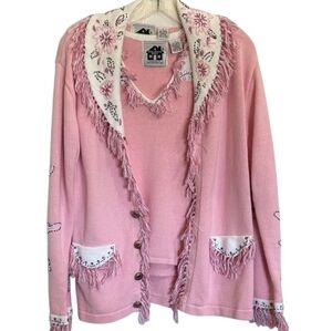 Storybook Knits Pink Embroidered Cardigan Set Vintage